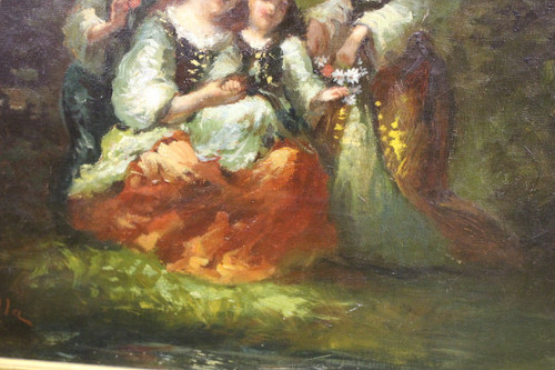 Oil On Canvas Group Of Young Girls Celebrating Spring By Borgella End XIX