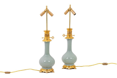 Pair Of Celadon Porcelain And Gilt Bronze Lamps, Circa 1880, LS4418621A