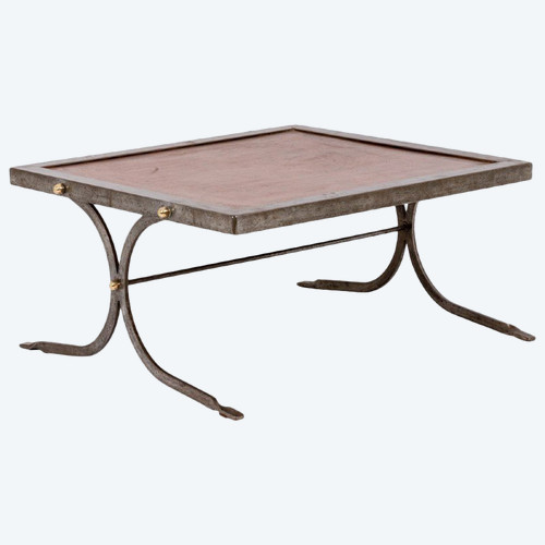 Industrial Style Coffee Table In Iron And Leather, 1970s, Ls5165803d