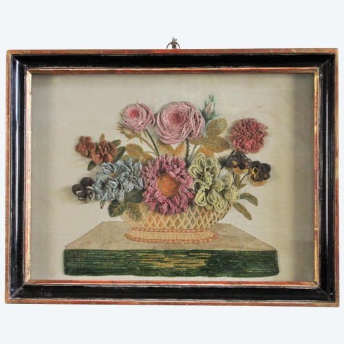 embroidered silk flowers in a showcase frame, Napoleon III period