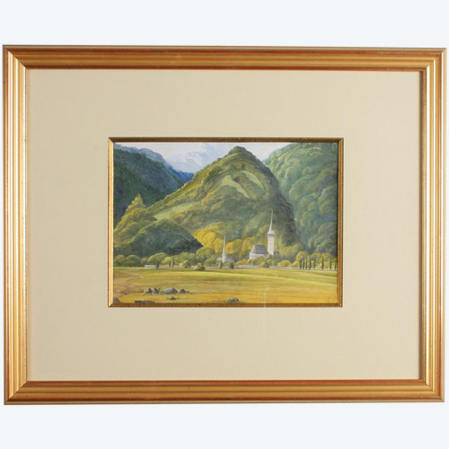 gouache, late 19th century school, mountain village, framed