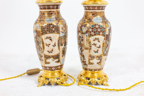 Pair of Satsuma earthenware and gilt bronze lamps, circa 1880, LS4583841