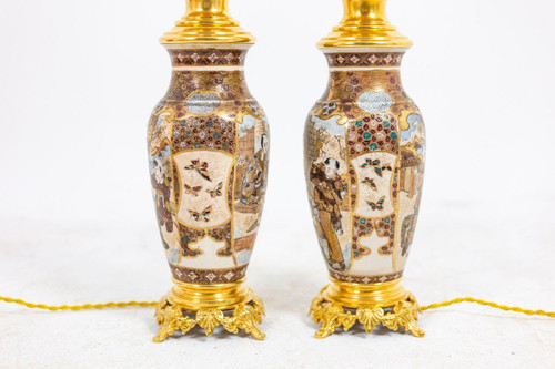 Pair of Satsuma earthenware and gilt bronze lamps, circa 1880, LS4583841