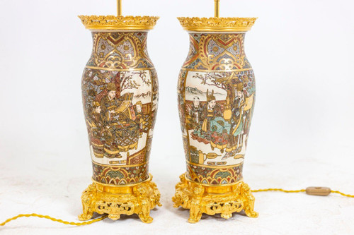 Pair of Satsuma earthenware and gilt bronze lamps, circa 1880, LS4632841