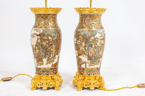 Pair of Satsuma earthenware and gilt bronze lamps, circa 1880, LS4632841