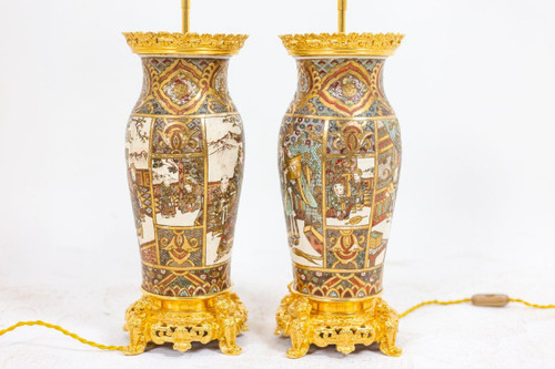 Pair of Satsuma earthenware and gilt bronze lamps, circa 1880, LS4632841