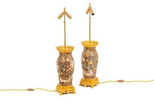 Pair of Satsuma earthenware and gilt bronze lamps, circa 1880, LS4632841