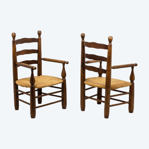 Pair De Fauteuils Paillés En Beech Naturel, Années 1950 - Ls4544331