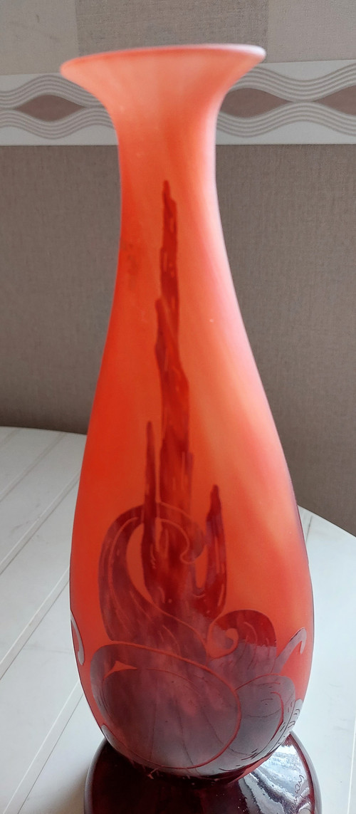 French glass art deco vase signed with plum decoration circa 1924 acid-etched