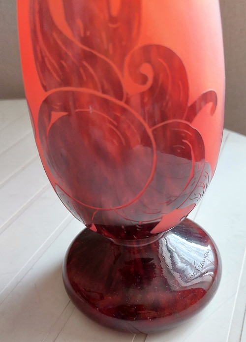 French glass art deco vase signed with plum decoration circa 1924 acid-etched