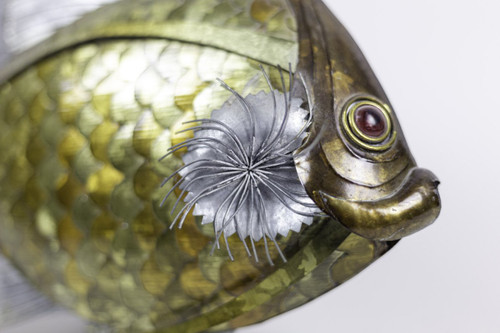 Fish In Copper, Brass And Pewter Leaves, 1970s - Op44281