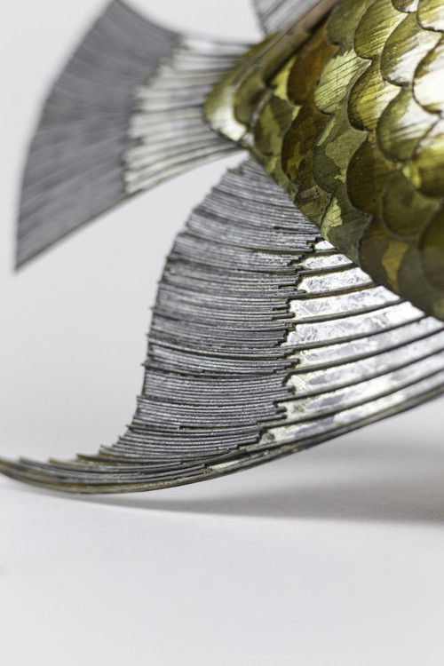 Fish In Copper, Brass And Pewter Leaves, 1970s - Op44281