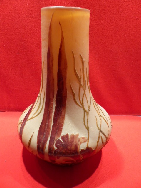 Glass paste vase signed Legras with acid-etched decoration of seaweed and aquatic plants on an orange-yellow opacified background, height 23 cm