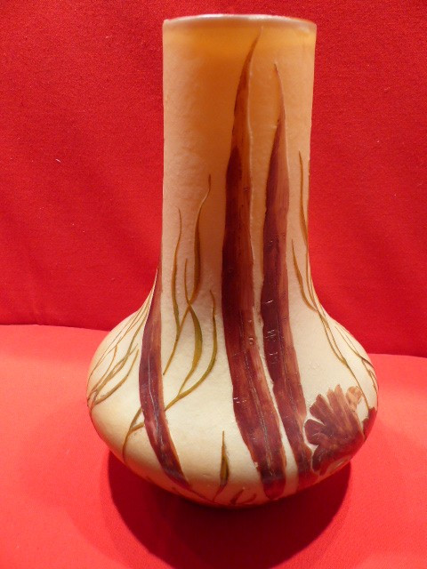 Glass paste vase signed Legras with acid-etched decoration of seaweed and aquatic plants on an orange-yellow opacified background, height 23 cm