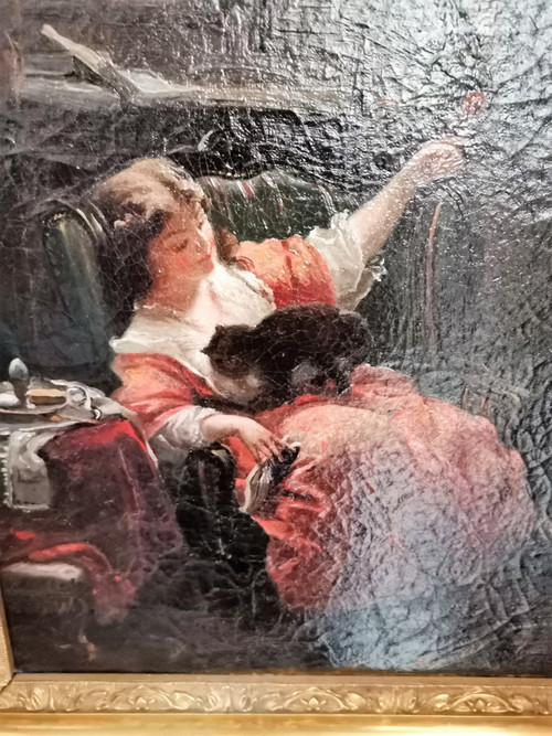 Painting oil on canvas woman with cat oriental school unsigned height 47.5 width 40.5 depth 7 cm