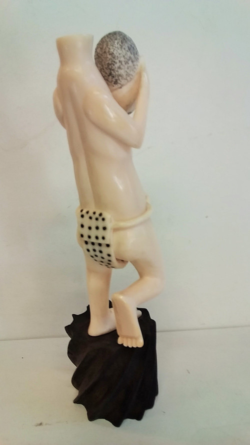 Statue man holding his head in his hands curiosity in ivory with ebony base high 23 hst 17 diam 6 cm