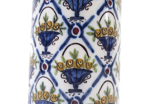 Vase En Faïence Polychrome, Décor De Croisillons Et Vases De Fleurs, Années 1950 - OP283