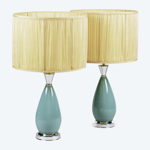 Paire De Lampes En Porcelaine Bleue Et Laiton Argenté, Années 1970 - Ls3278571