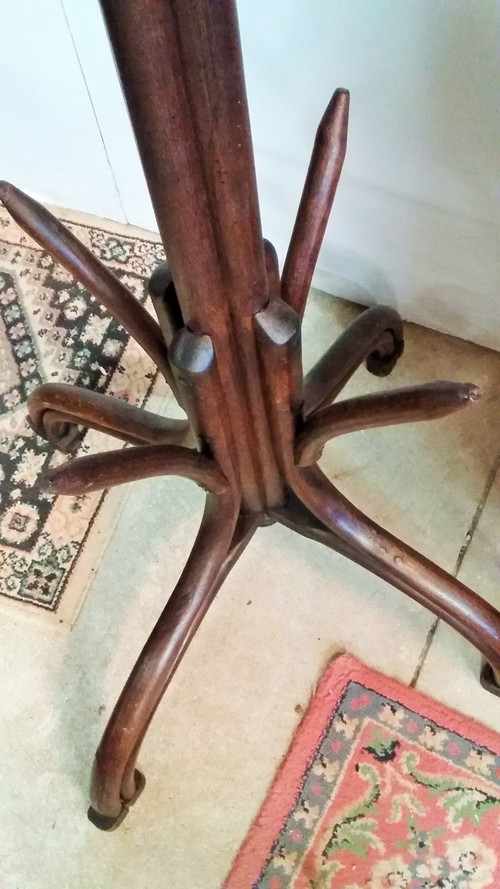 Parrot model beech coat rack in dark bentwood with eight hooks Thonet style early 20th century high 195 cm