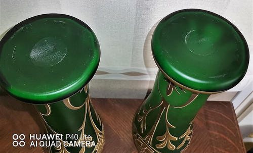 Pair of enamelled Vases by François-Théodore Legras unsigned Art-Nouveau period François-Théodore Legras born December 27, 1839 in the hamlet of La Grande Catherine in Claudon and died August 2, 1916 in Paris, is a French master glassmaker. high 34.2cm