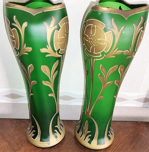 Pair of enamelled Vases by François-Théodore Legras unsigned Art-Nouveau period François-Théodore Legras born December 27, 1839 in the hamlet of La Grande Catherine in Claudon and died August 2, 1916 in Paris, is a French master glassmaker. high 34.2cm