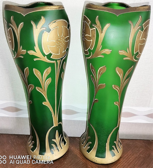 Pair of enamelled Vases by François-Théodore Legras unsigned Art-Nouveau period François-Théodore Legras born December 27, 1839 in the hamlet of La Grande Catherine in Claudon and died August 2, 1916 in Paris, is a French master glassmaker. high 34.2cm