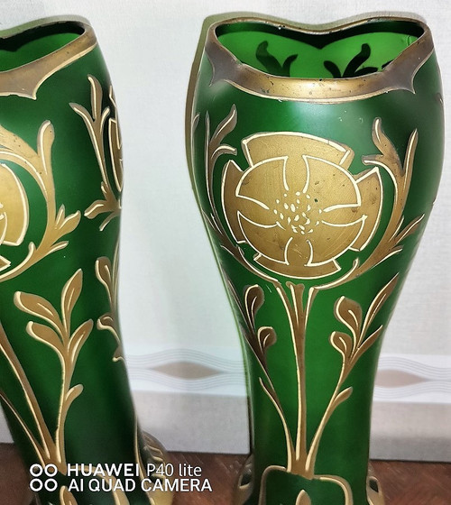 Pair of enamelled Vases by François-Théodore Legras unsigned Art-Nouveau period François-Théodore Legras born December 27, 1839 in the hamlet of La Grande Catherine in Claudon and died August 2, 1916 in Paris, is a French master glassmaker. high 34.2cm