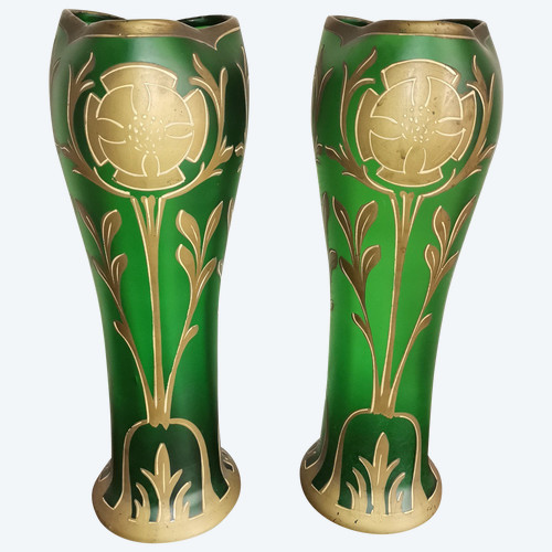 Pair of enamelled Vases by François-Théodore Legras unsigned Art-Nouveau period François-Théodore Legras born December 27, 1839 in the hamlet of La Grande Catherine in Claudon and died August 2, 1916 in Paris, is a French master glassmaker. high 34.2cm