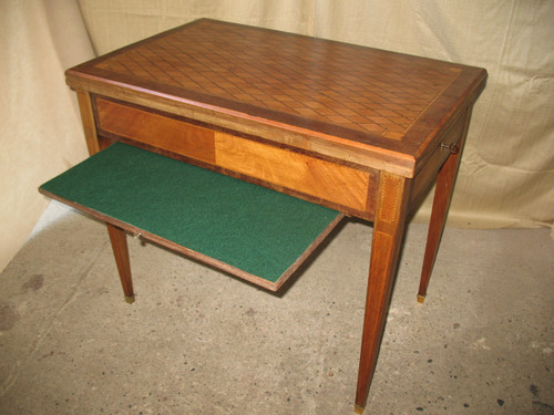 Games and system table in marquetry decorated with diamonds, 19th century, Louis XVI style