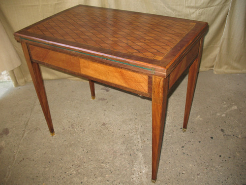 Games and system table in marquetry decorated with diamonds, 19th century, Louis XVI style