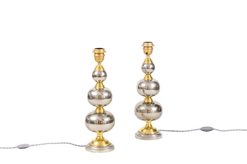 Pair Of Rosary Lamps In Chromed And Gilded Metal, 1970s - Ls3888341