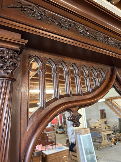 Walnut fireplace in neo gothic castle style