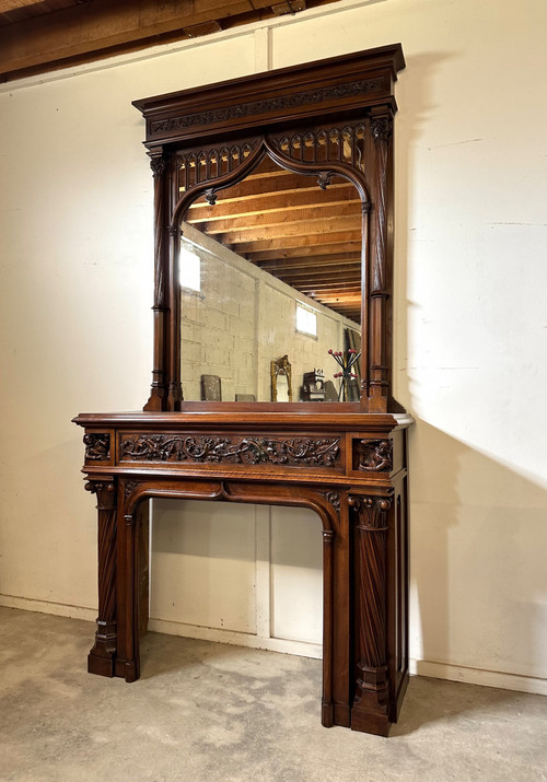 Walnut fireplace in neo gothic castle style