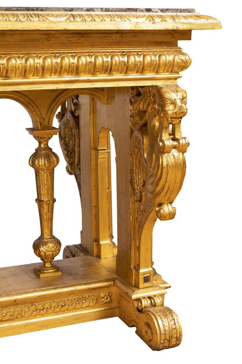 Renaissance Style Gilded Wood And Marble Table, 19th Century - LS26383501