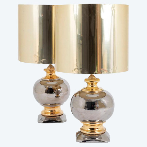 Paire de lampes boule en céramique au lustre argent et or, vers 1960 - LS3297/3731/251