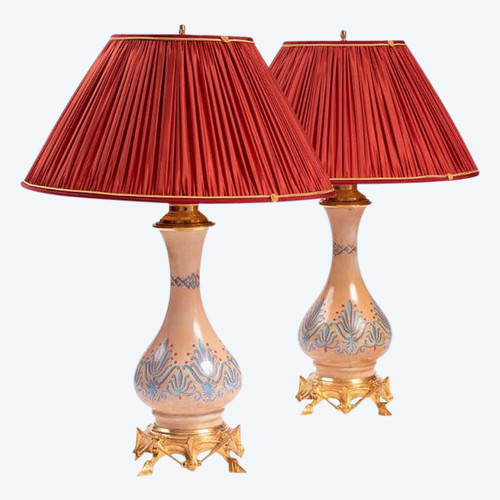 Pair Of Neo-Gothic Style Opaline And Gilt Bronze Lamps, Circa 1890 - LS3388621