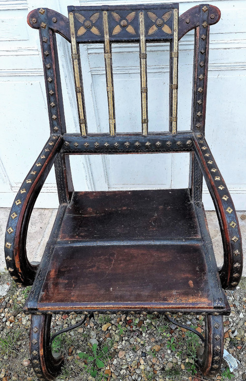 Moroccan wedding armchair with studded leather and brass on wood 19th century