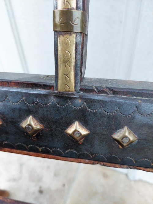 Moroccan wedding armchair with studded leather and brass on wood 19th century