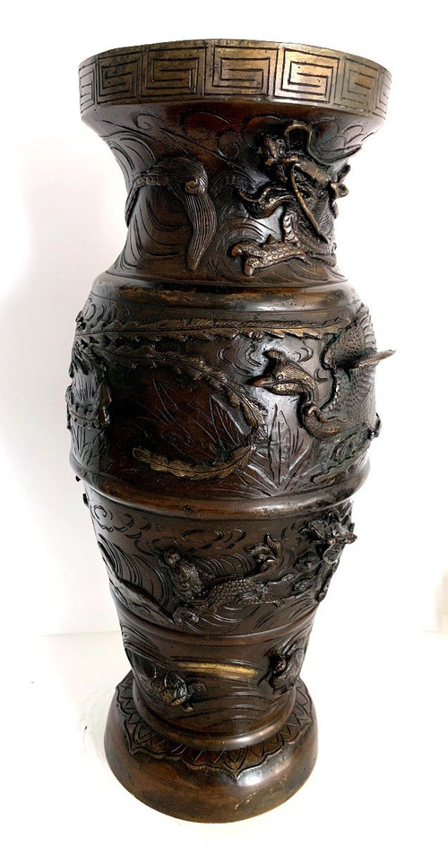 Large Japanese Bronze Vase With High Relief