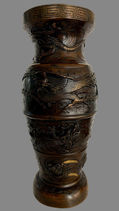 Large Japanese Bronze Vase With High Relief