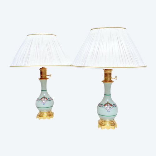 Pair of celadon porcelain lamps, 19th century - LS3537771