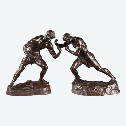 Bronze Statuettes "two Boxers" Signed "jef Lambeaux", Late Nineteenth Century