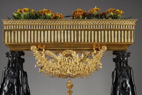  Bronze and sea-green marble table planter with caryatids, Empire style, 19th century