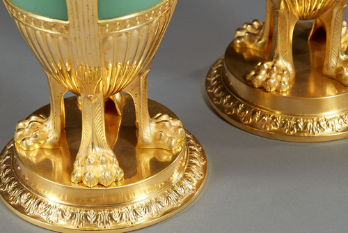 Pair Of Vases In Jade Green Opaline And Golden Brass From The End Of The XIXth Century