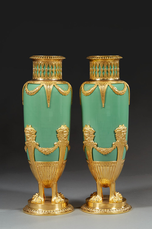 Pair Of Vases In Jade Green Opaline And Golden Brass From The End Of The XIXth Century