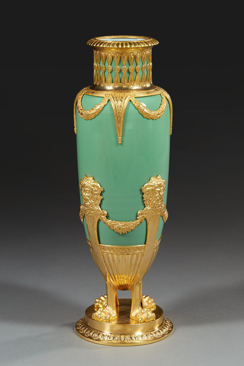 Pair Of Vases In Jade Green Opaline And Golden Brass From The End Of The XIXth Century