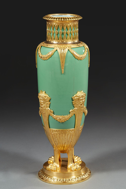 Pair Of Vases In Jade Green Opaline And Golden Brass From The End Of The XIXth Century