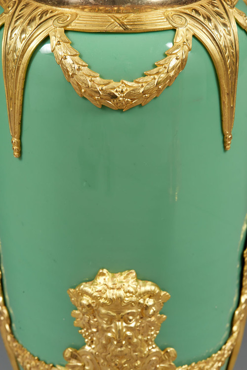 Pair Of Vases In Jade Green Opaline And Golden Brass From The End Of The XIXth Century