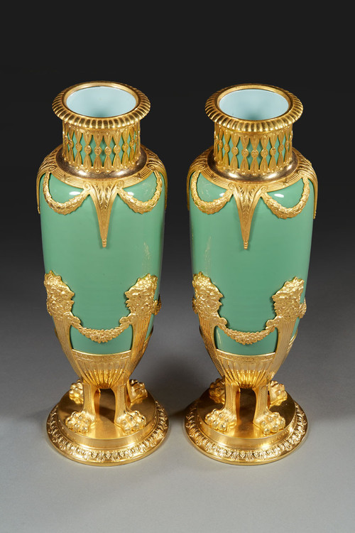 Pair Of Vases In Jade Green Opaline And Golden Brass From The End Of The XIXth Century