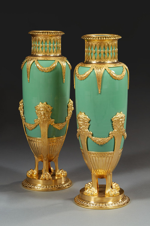 Pair Of Vases In Jade Green Opaline And Golden Brass From The End Of The XIXth Century